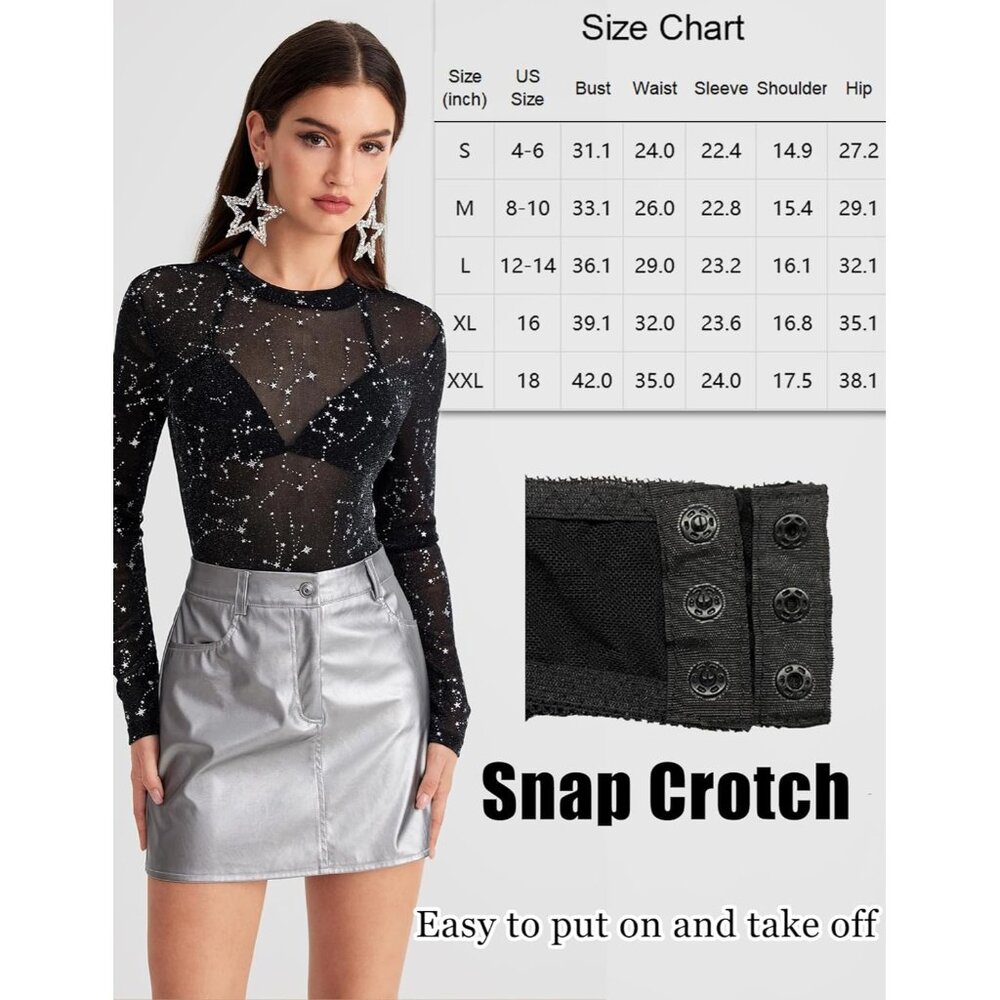 Women's Constellati Bodysuit Black Long Sleeve Bodysuit Round Neck Sheer Leotard - Picture 6 of 9